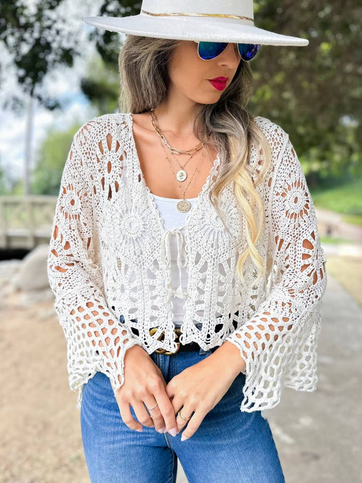 Ivory floral open front long sleeve crochet cardigan for coastal bohemian style