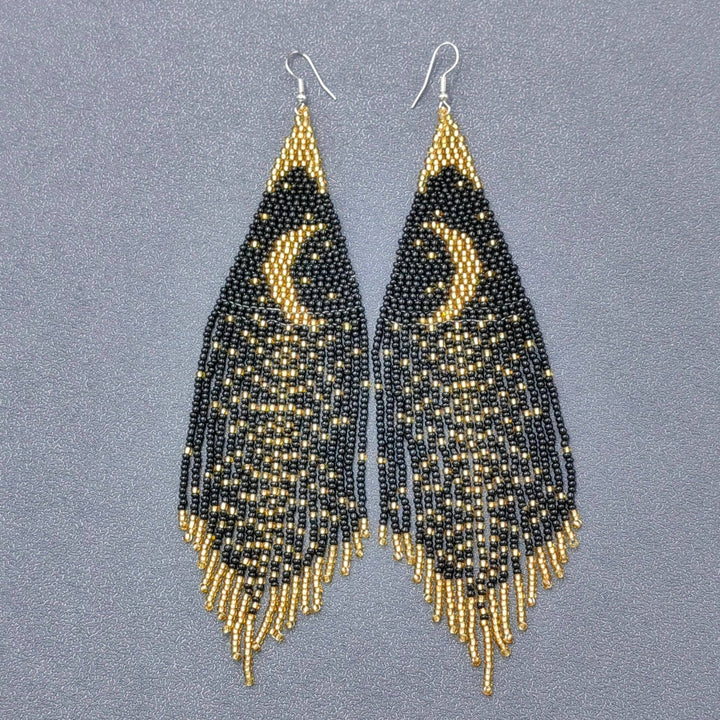 Star Moon Night Sky Seed Bead Tassel Earrings handcrafted boho celestial jewelry