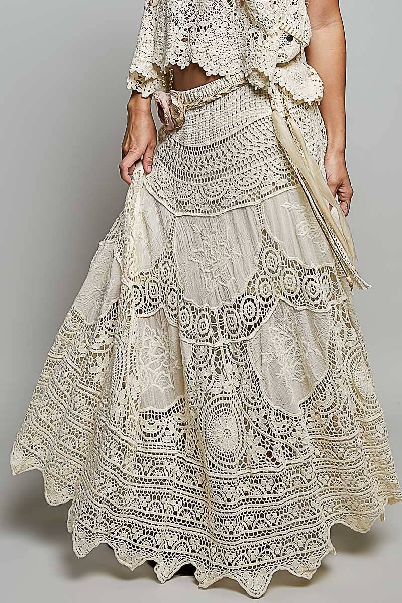 Crochet Embroidered Maxi Skirt in earthy boho tones handcrafted for coastal free spirits