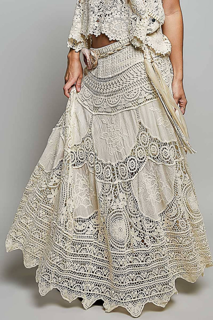 Crochet Embroidered Maxi Skirt in earthy boho tones handcrafted for coastal free spirits