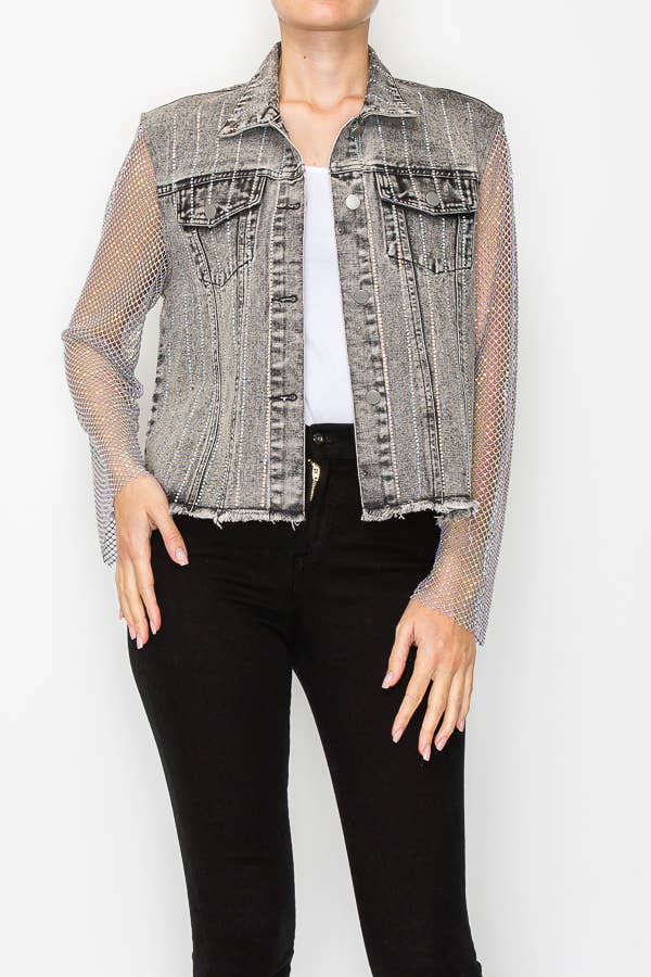 Denim Jacket With Sparkly Details &amp; Net Mesh Sleeves