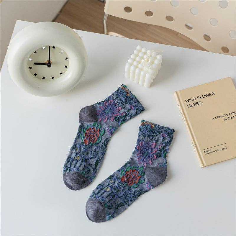 Retro Flower Pattern Mid-Calf Socks 5-Pack with vintage floral boho coastal style