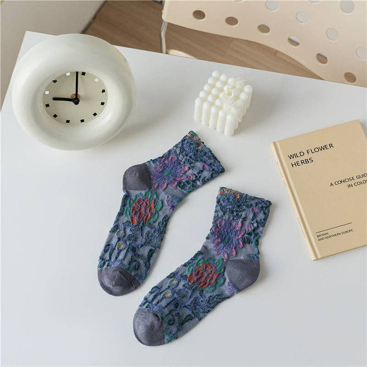 Retro Flower Pattern Mid-Calf Socks 5-Pack with vintage floral boho coastal style