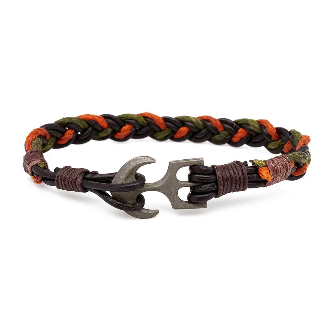 Men's Green & Orange Braid Anchor Clasp Bracelet handcrafted coastal boho jewelry