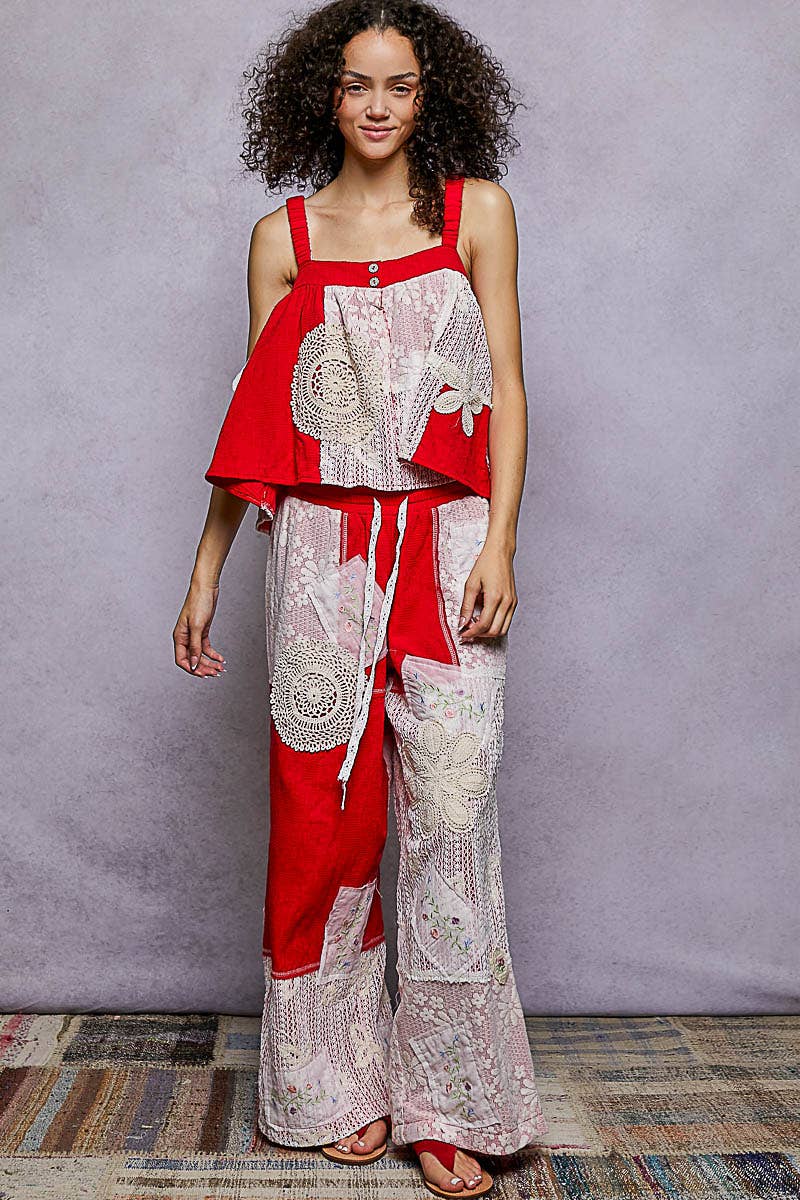 Lace Patch Detail Woven Pants with relaxed coastal boho fit and artisan charm