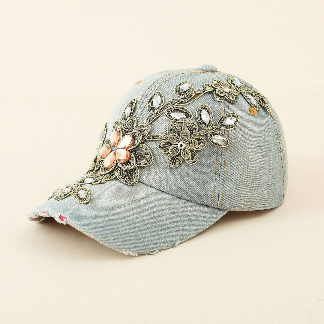Diamond-Embellished Distressed Denim Baseball Cap