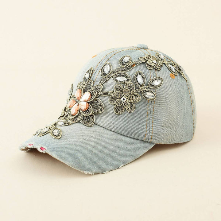 Diamond-Embellished Distressed Denim Baseball Cap