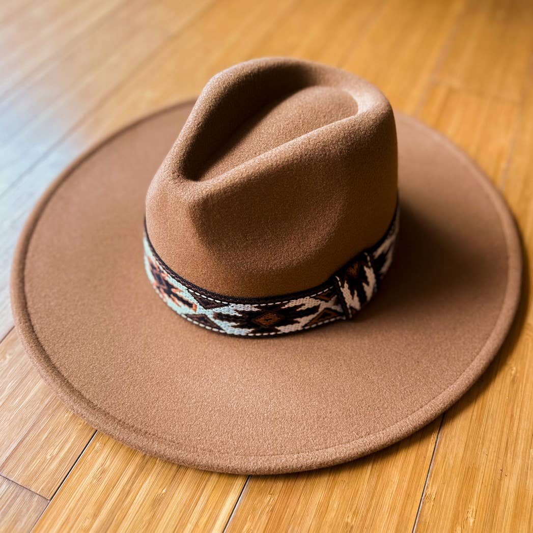 Camel Fedora with Aztec Print Ribbon in warm earth tones boho coastal style