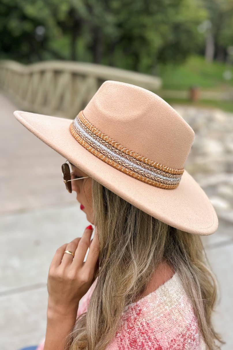 Nude Fedora Hat with Shimmery Trim for coastal boho summer style