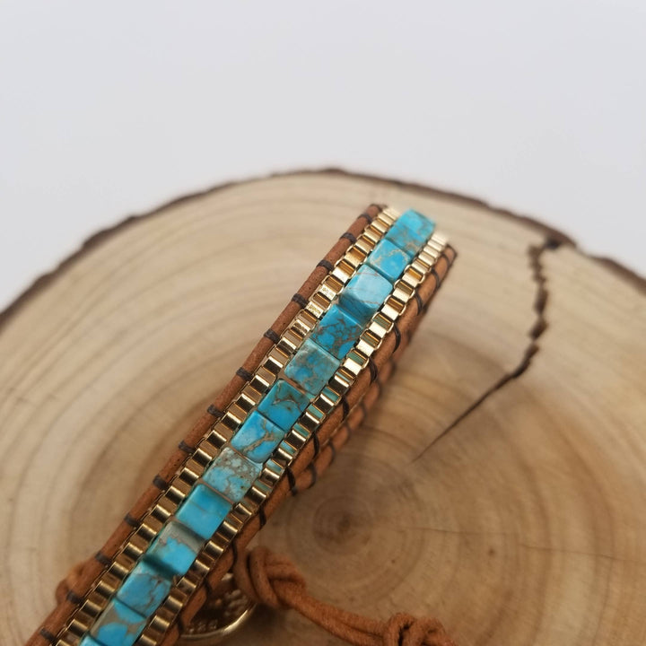 Hand Woven Natural Square Stone Leather Bracelet - Turquoise