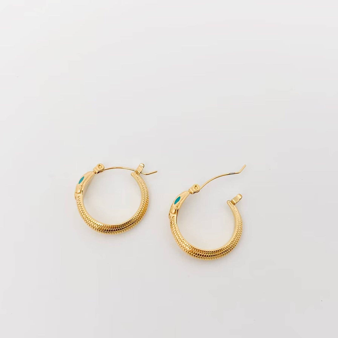 Enamel Green Eyes Snake 18K Gold Plated Hoop Earrings boho coastal spiritual style