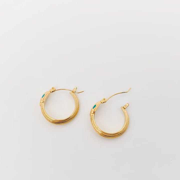 Enamel Green Eyes Snake 18K Gold Plated Hoop Earrings boho coastal spiritual style