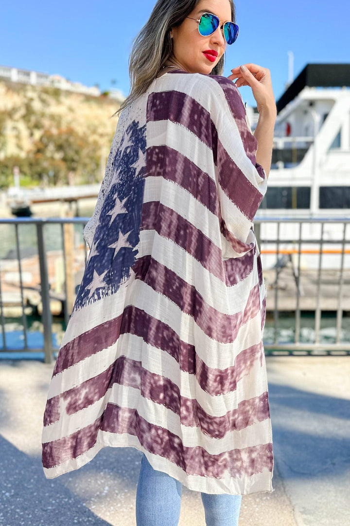 Vintage American Flag Printed Kimono Cover Up for boho coastal Fourth of July style