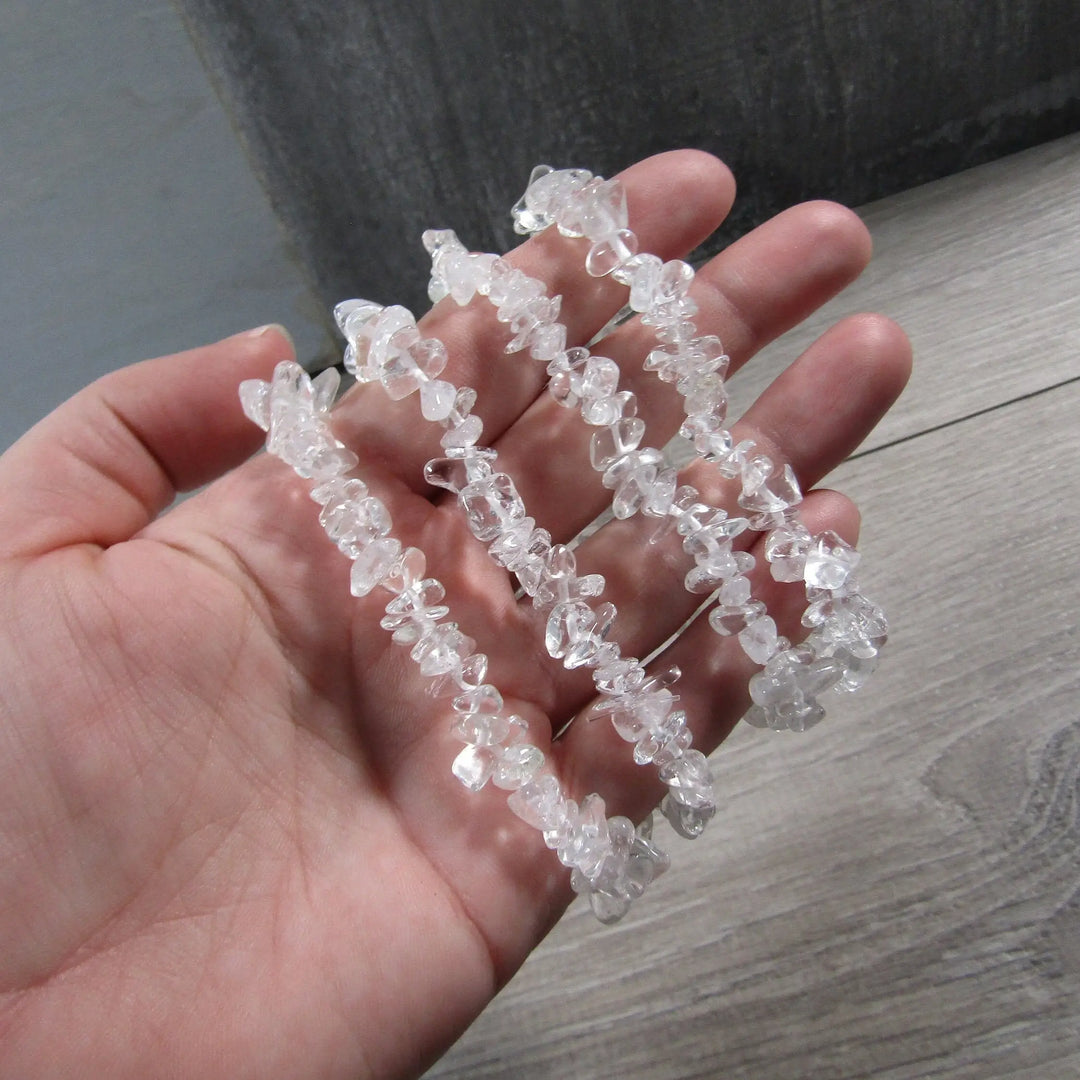 Healing Crystal Chip Bracelets with amethyst and rose quartz for coastal boho style