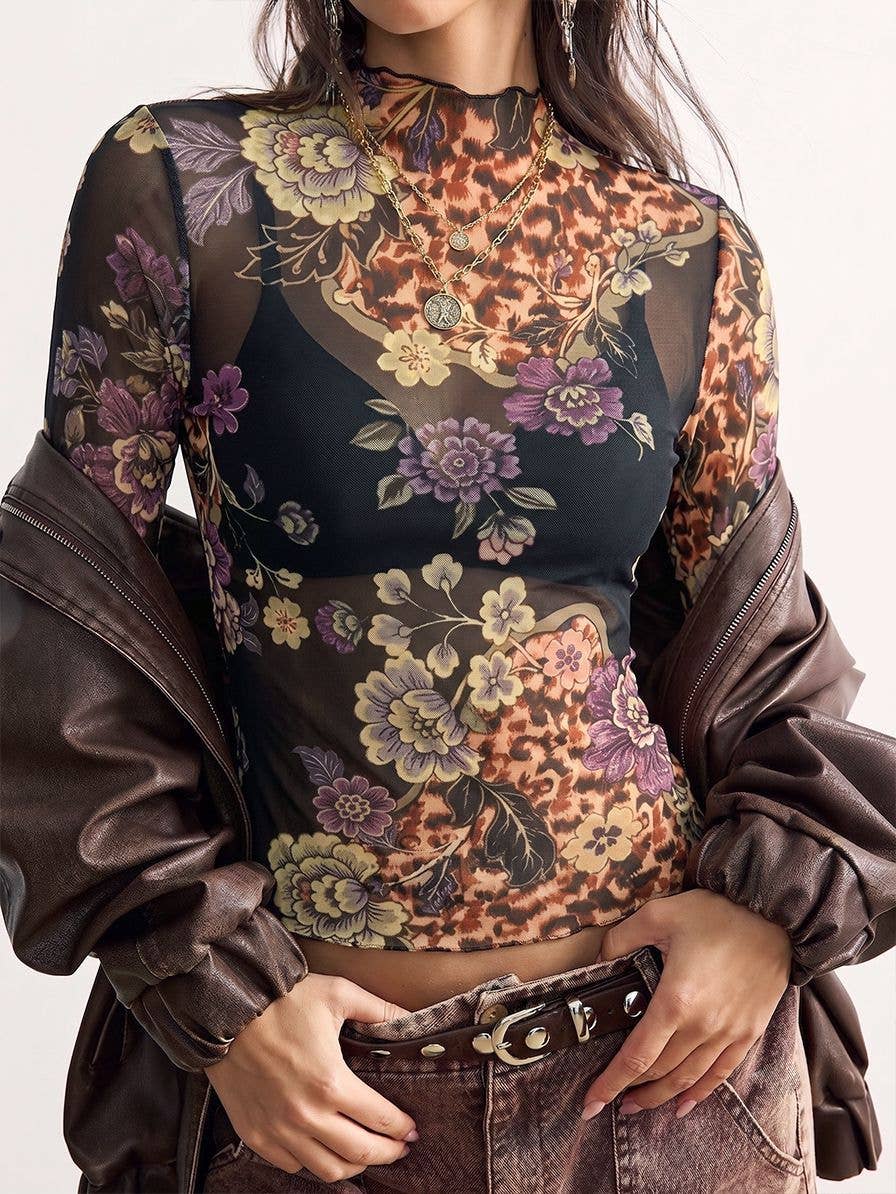 Vintage Floral Print Mesh Long Sleeve Slim Fit Top