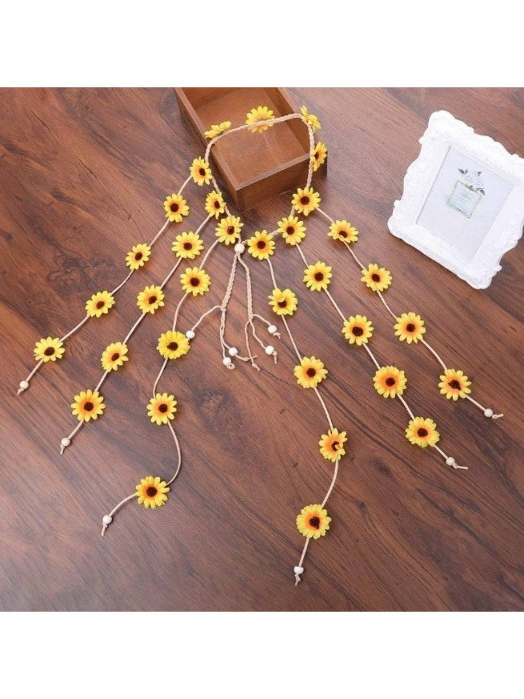 Boho Sunflower Hair Headpiece with handcrafted floral chain for coastal festival brides