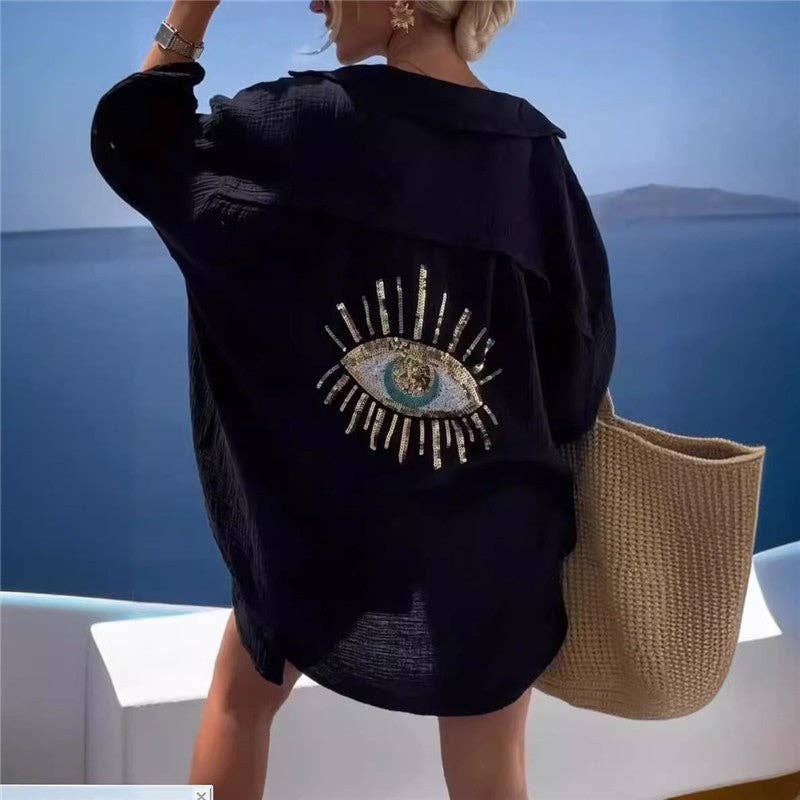 Evil Eye Solid Color Collar Long Sleeve Blouse in loose coastal boho style