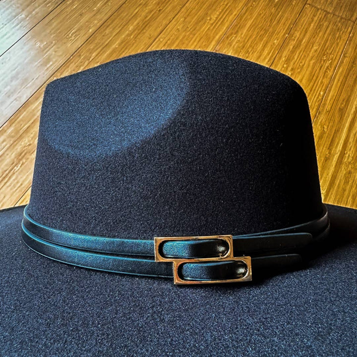 Black Fedora with Faux Leather Double Buckle Trim for coastal boho style