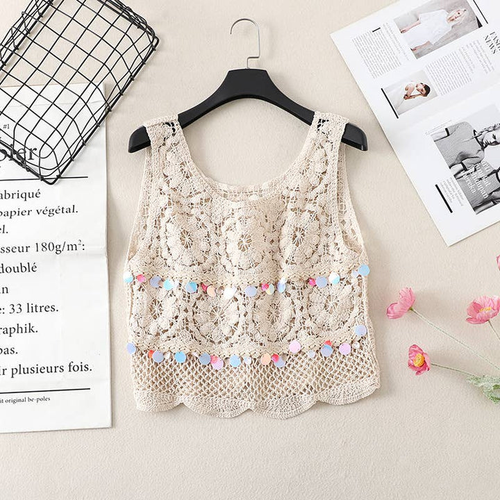Boho Crochet Knit Fringe Tank Top Cover Up