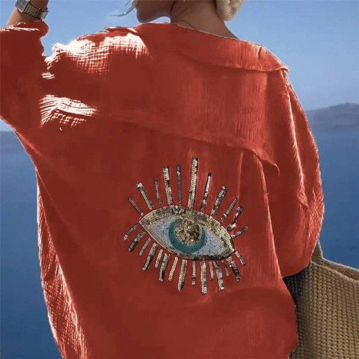 Evil Eye Solid Color Collar Long Sleeve Blouse for coastal boho style