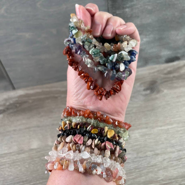 Healing Crystal Chip Bracelets with amethyst and rose quartz for coastal boho style