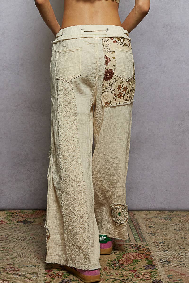 Double gauze floral patches woven pants in natural hue for coastal free spirits