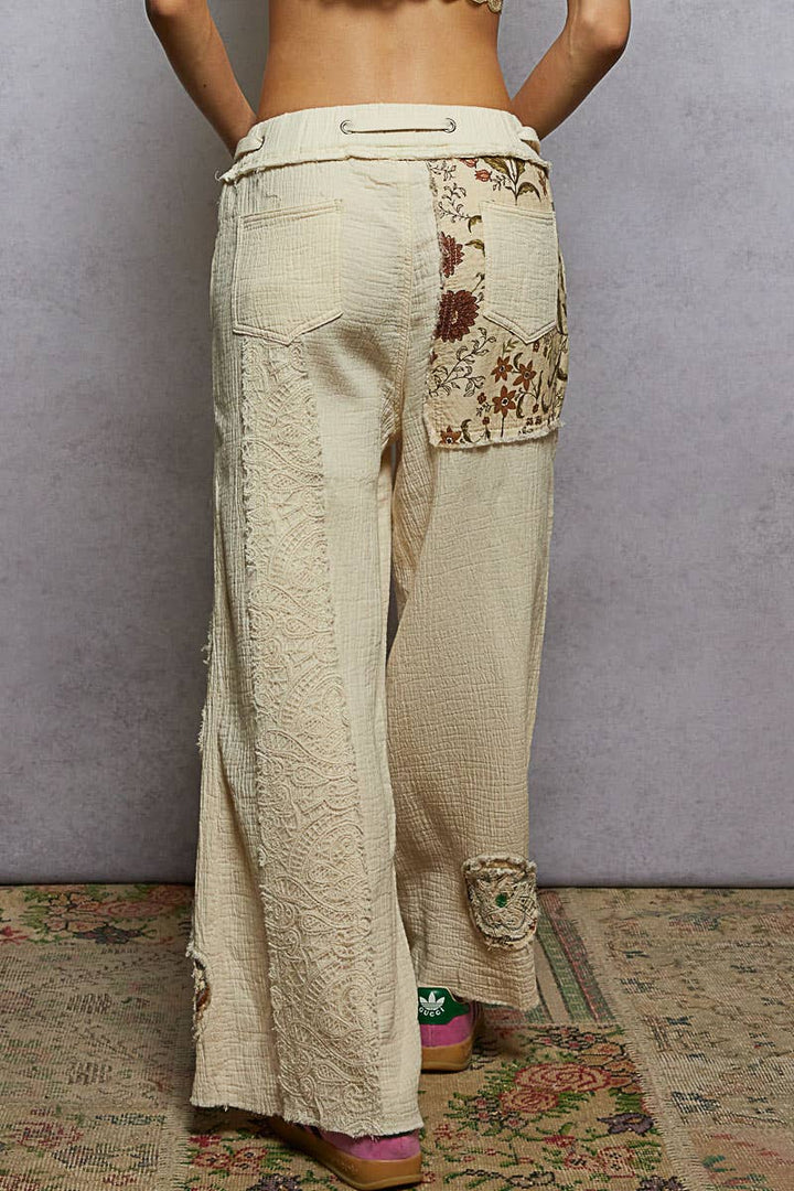 Double gauze floral patches woven pants in natural hue for coastal free spirits
