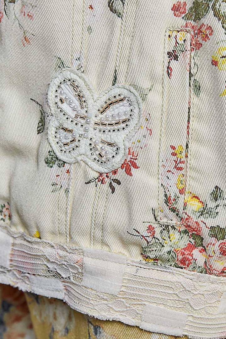 Floral Print Embroidered Collared Denim Jacket
