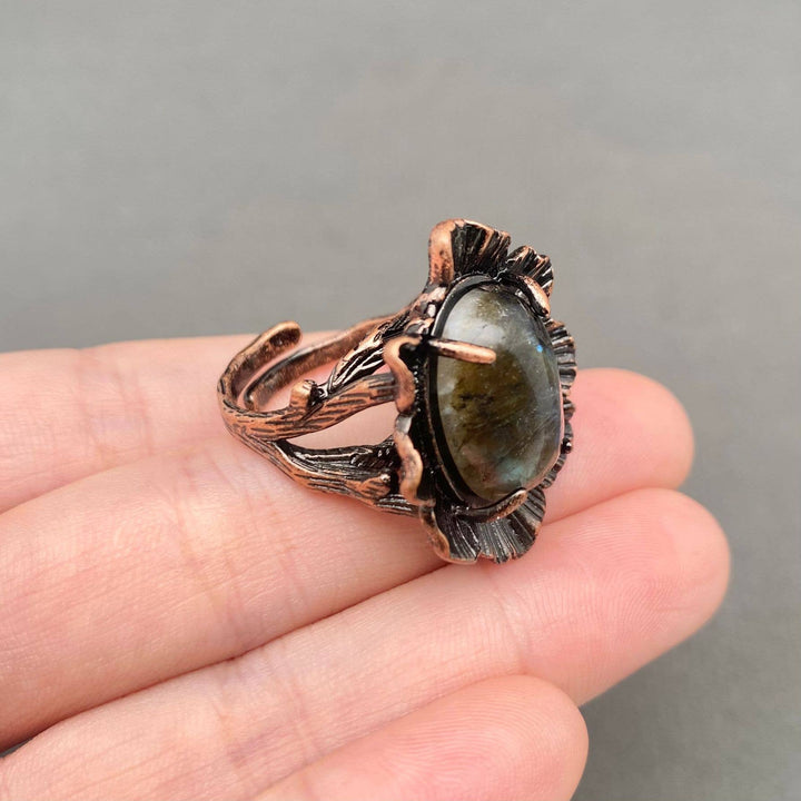 Vintage Labradorite Bronze Flower Shape Ring with earthy coastal artisan charm