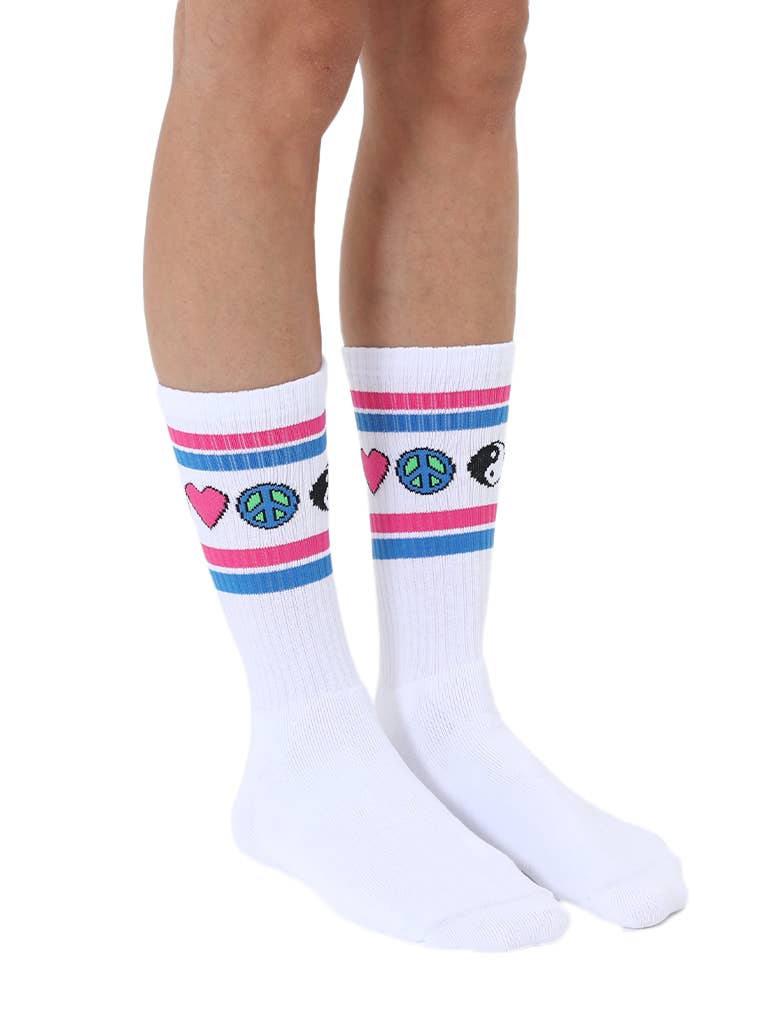 White classic crew socks with ribbed tubing featuring iconic symbols for coastal souls