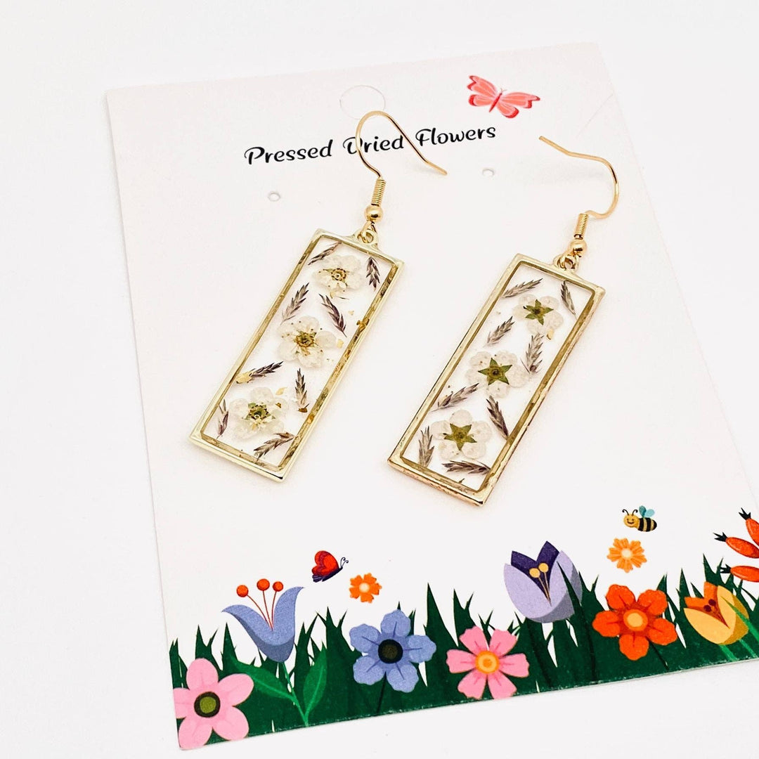 Daffodil genuine pressed dried flower cuboid earrings handcrafted with coastal boho charm