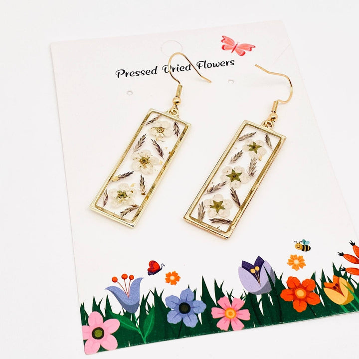Daffodil genuine pressed dried flower cuboid earrings handcrafted with coastal boho charm