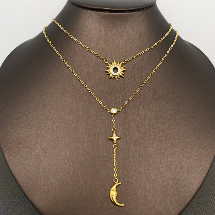 Sun Moon Star 18K Golden SS Double Chain Necklace