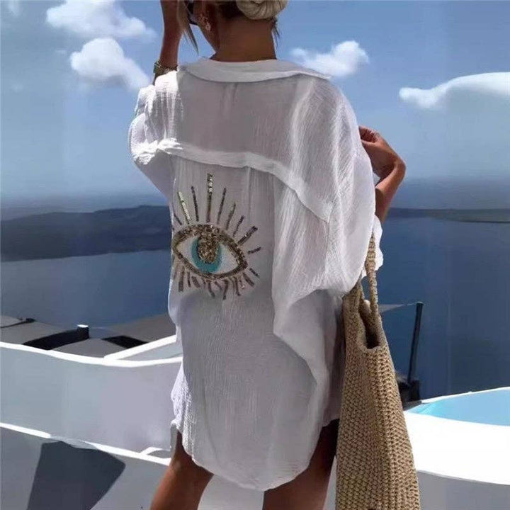 Evil Eye Solid Color Collar Long Sleeve Blouse with relaxed coastal boho style