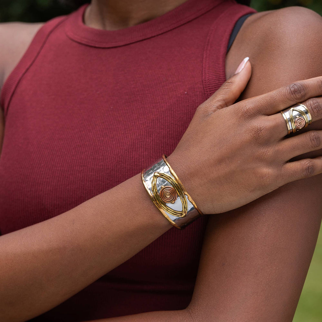 Handcrafted Mixed Metal Cuff - Evil Eye Spiral