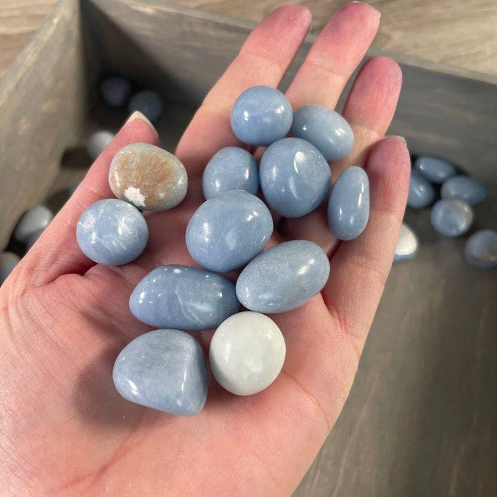 Angelite tumbled stones one pound bulk soft blue healing crystals for coastal boho