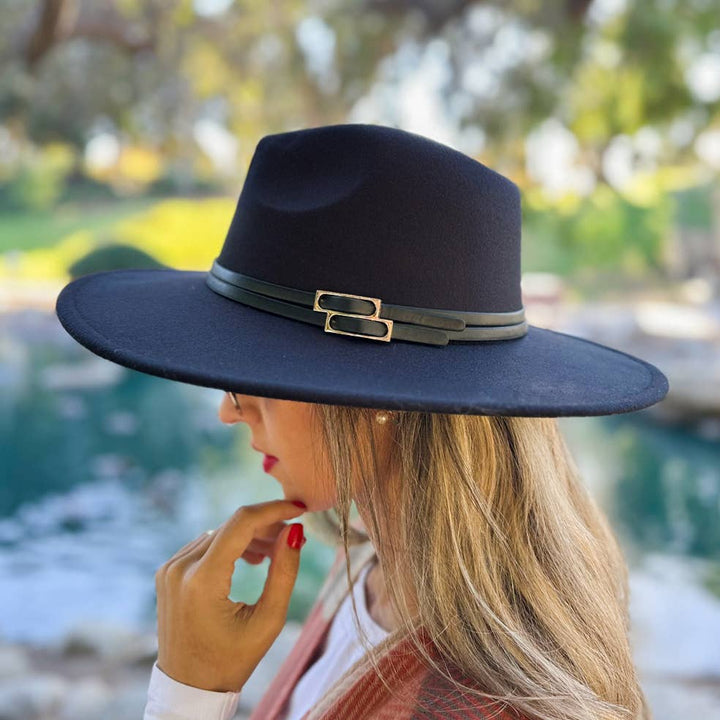 Black Fedora with Faux Leather Double Buckle Trim for coastal boho style