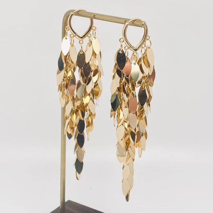 18K Gold Plated Wheat Ear Sequin Tassel Huggie Earrings