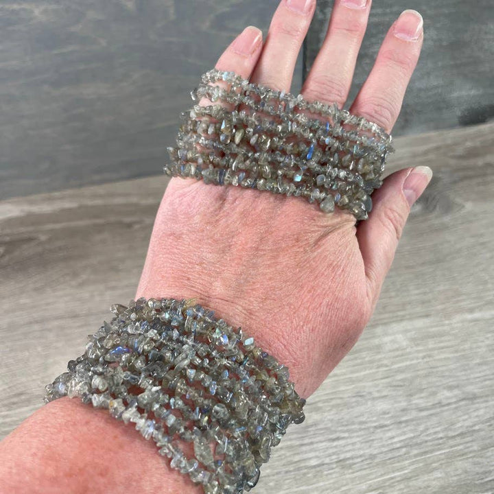 Healing Crystal Chip Bracelets with amethyst and rose quartz for coastal boho style