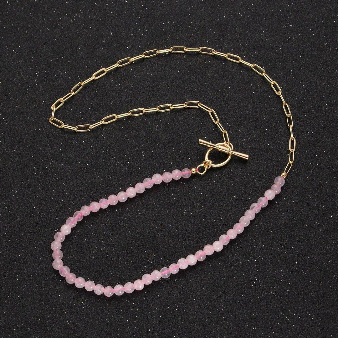 Dainty half bead half link chain necklace with rose quartz and gold filled paperclip chain