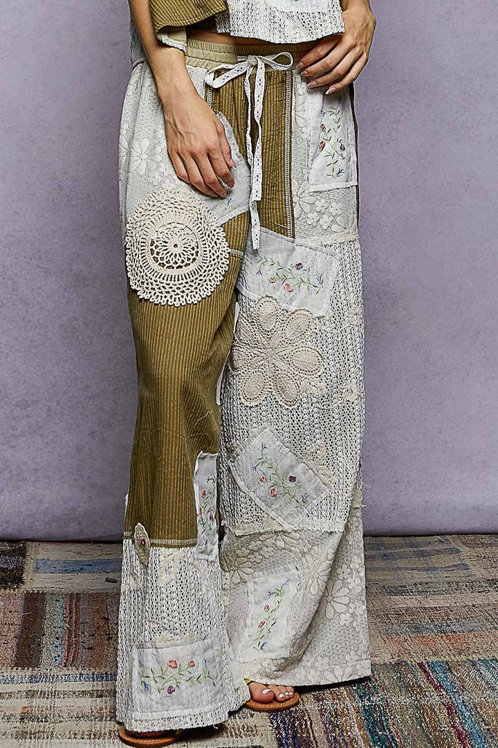Lace Patch Detail Woven Pants with relaxed boho fit for coastal everyday wear