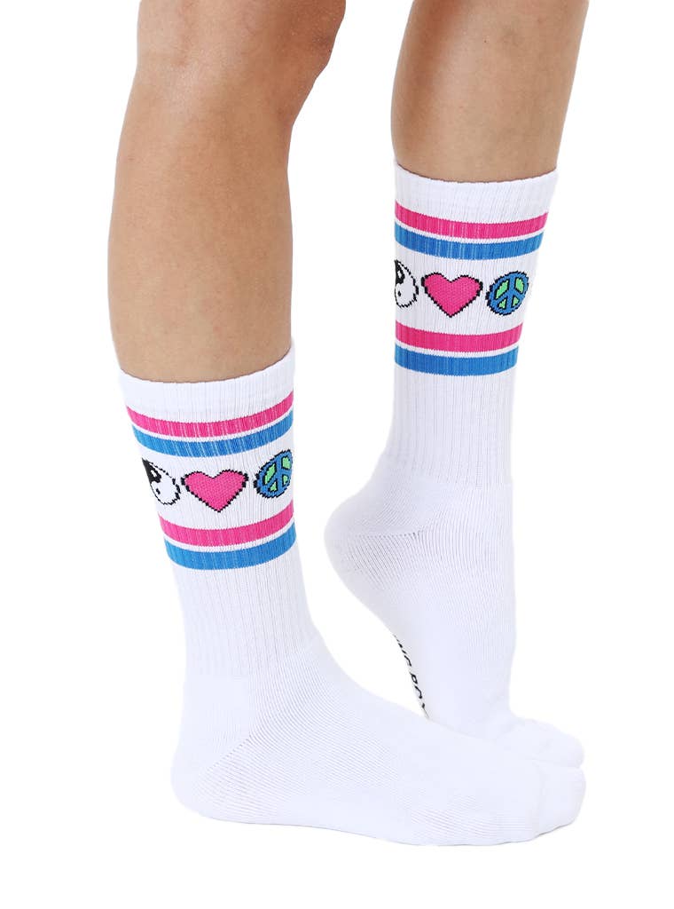 White classic crew socks with ribbed tubing featuring iconic symbols for coastal souls