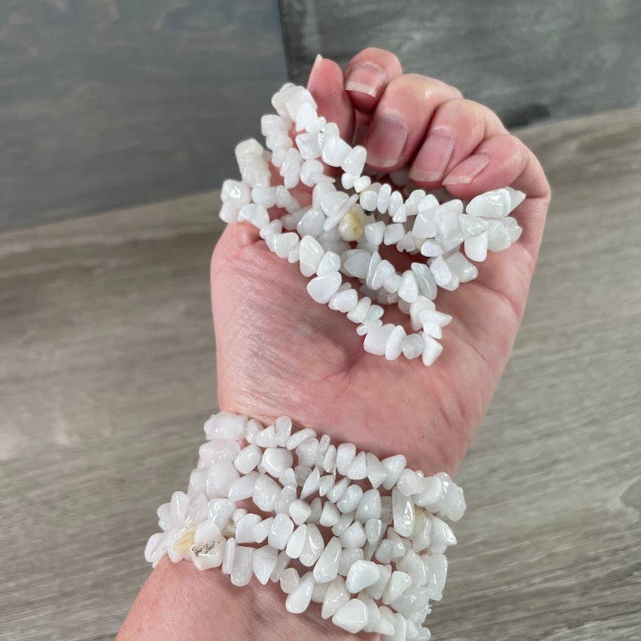 Healing Crystal Chip Bracelets with amethyst and rose quartz for boho coastal style