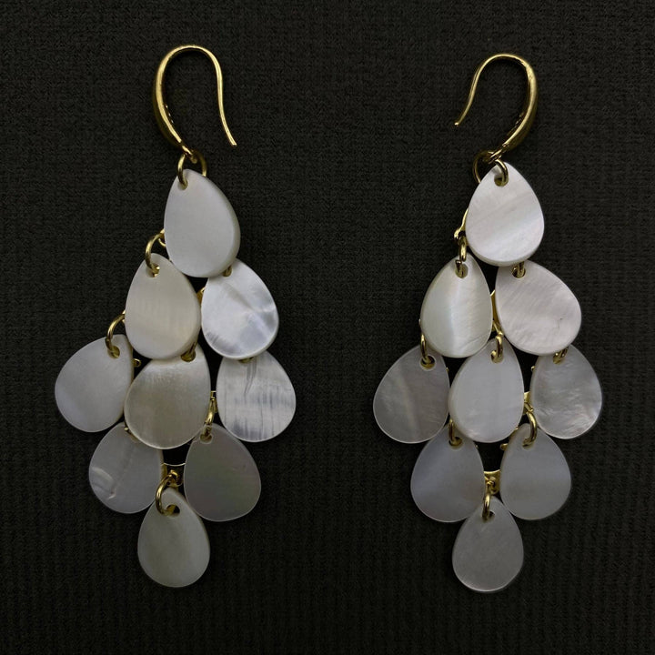 Droplet shape shell tassel 18K gold plated earrings with coastal boho charm