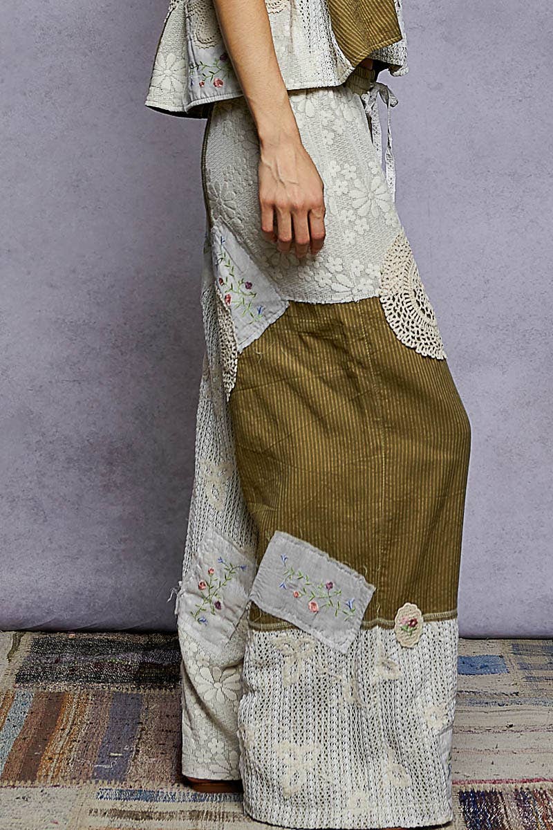 Lace Patch Detail Woven Pants with relaxed coastal boho fit and artisan charm