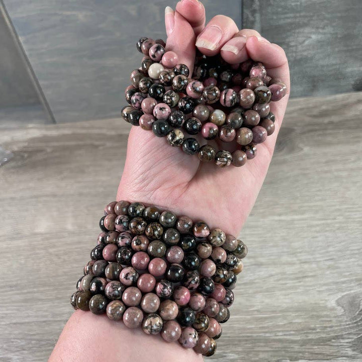 Healing crystal bracelets 8mm round beads in amethyst and rose quartz boho stack