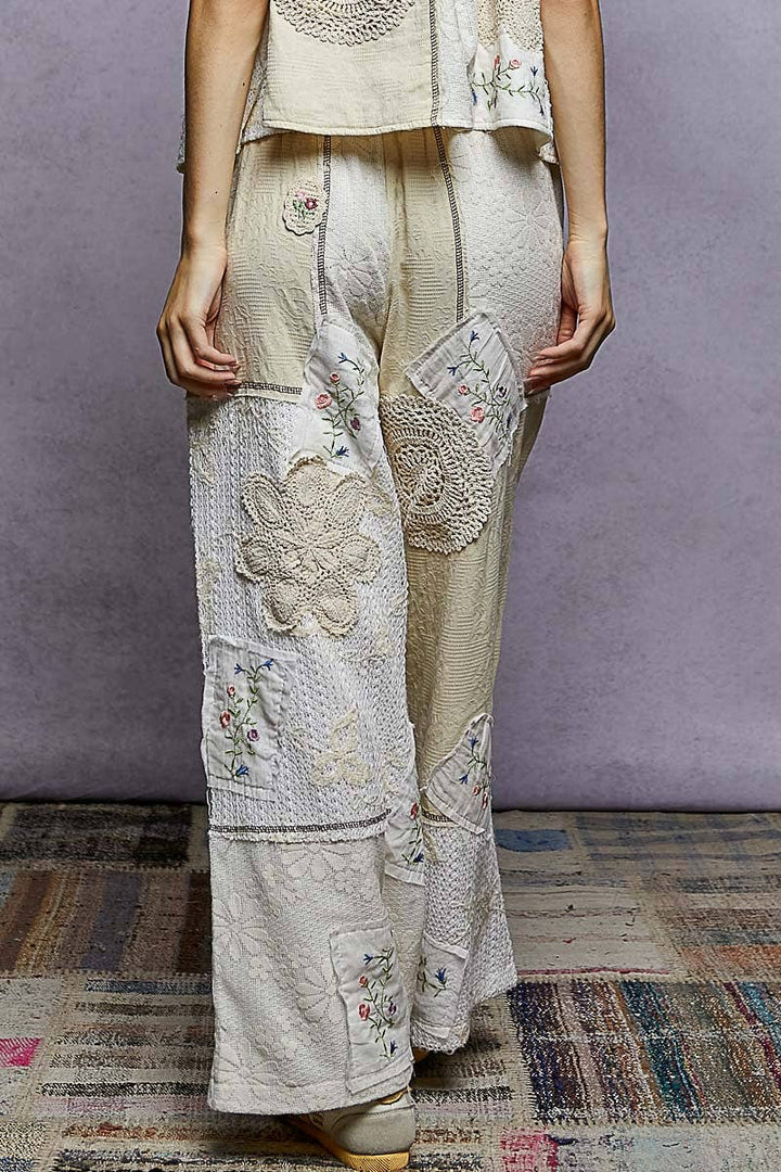 Lace Patch Detail Woven Pants with relaxed boho fit for coastal everyday wear