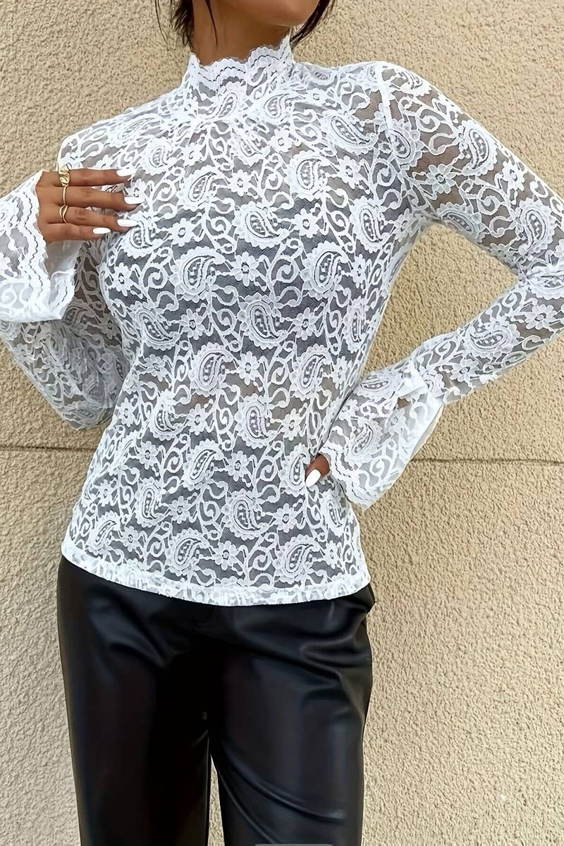 Half Turtleneck Lace Trumpet Sleeve Top with flowing romantic boho coastal style