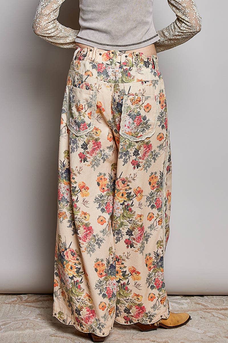 Floral Vintage Washed Raw Edge Elastic Waist Pants