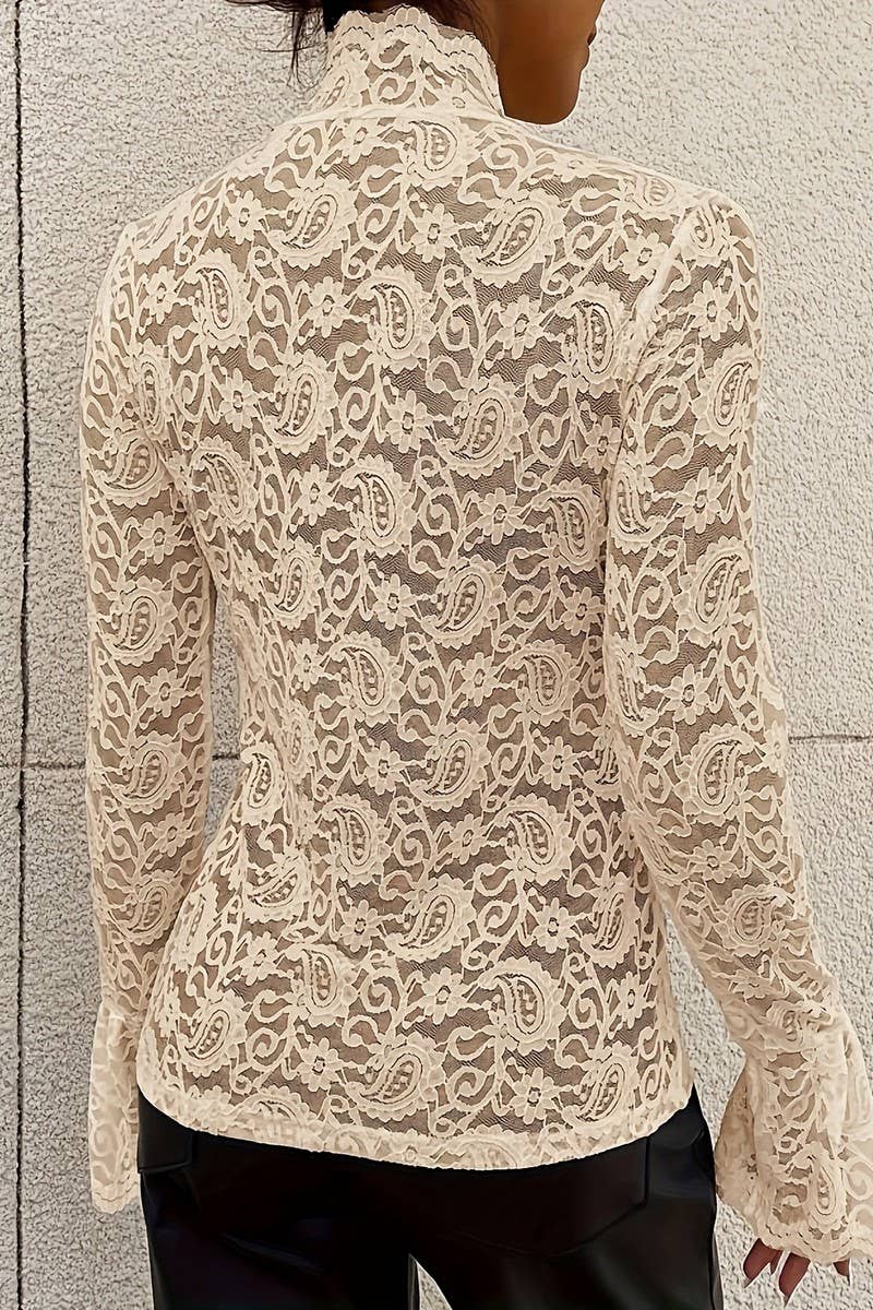 Half Turtleneck Lace Trumpet Sleeve Top with flowy romantic coastal boho style